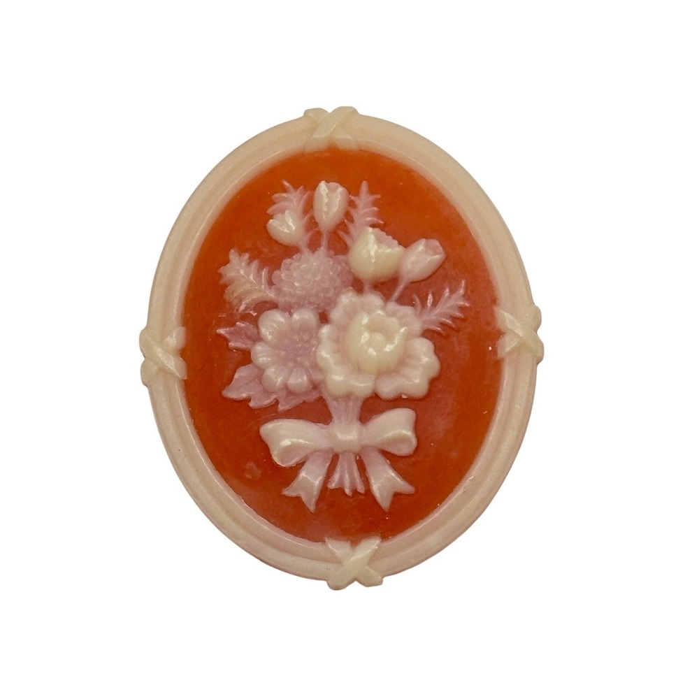 Avon Vintage Floral Cameo Brooch Orange Cream Oval Bouquet Pin